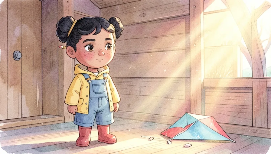Page 1 of Wren and the Windmill Kite: Wren, a girl in a yellow raincoat and red boots