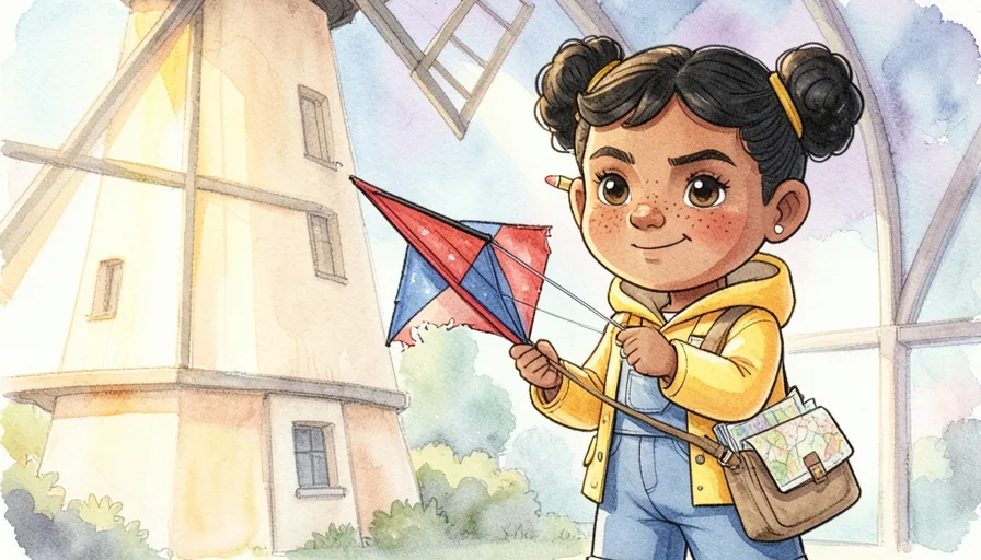 Page 2 of Wren and the Windmill Kite: Wren, a girl in a yellow raincoat and red boots