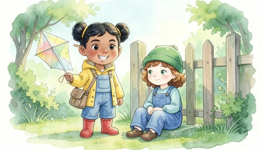 Page 5 of Wren and the Windmill Kite: Wren, a girl in a yellow raincoat and red boots