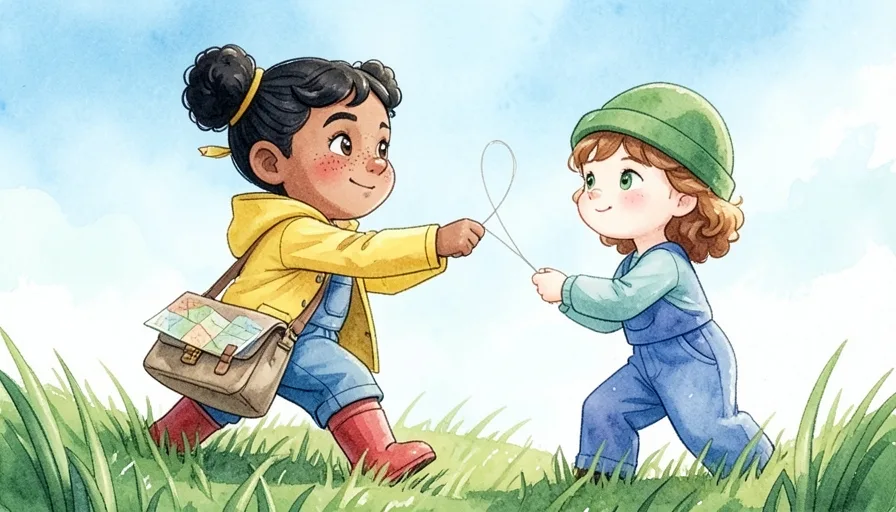 Page 7 of Wren and the Windmill Kite: Wren, a girl in a yellow raincoat and red boots