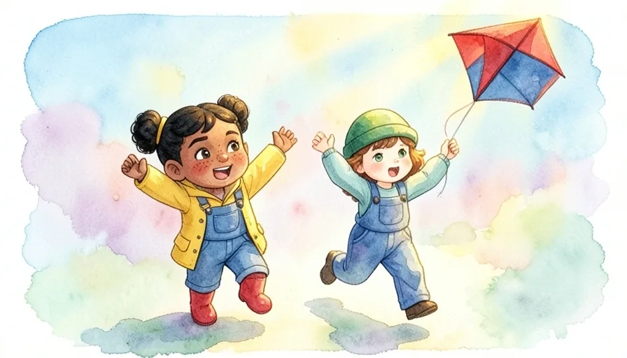 Page 8 of Wren and the Windmill Kite: Wren, a girl in a yellow raincoat and red boots