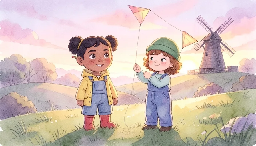 Page 10 of Wren and the Windmill Kite: Wren, a girl in a yellow raincoat and red boots