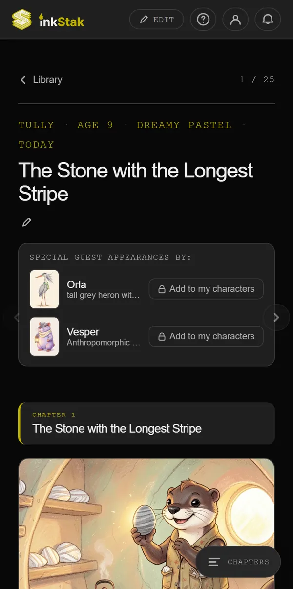 The first page of The Stone with the Longest Stripe, a chapter book: its title, Chapter 1 and its first picture