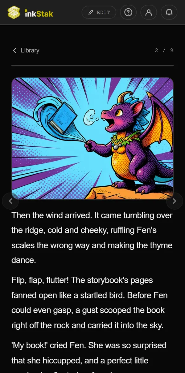 A page of Fen and the Runaway Storybook: a gust carries Fen’s storybook away, in Ben-Day Dot