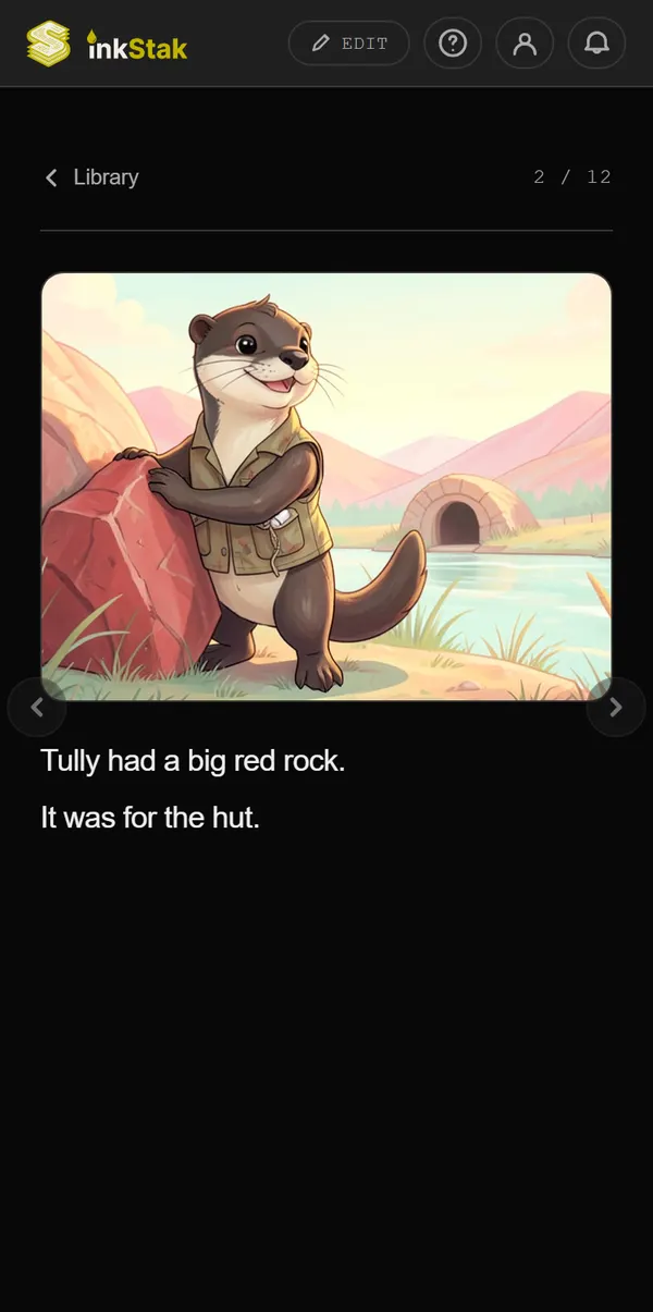 A page of Tully and the Red Rock: Tully hugs a big red rock, above two short sentences a beginner can sound out