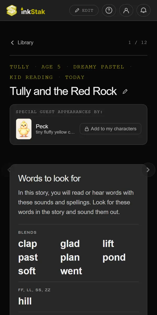 The first page of Tully and the Red Rock, a Kid Reads story: its title, then the Words to look for, grouped by sound
