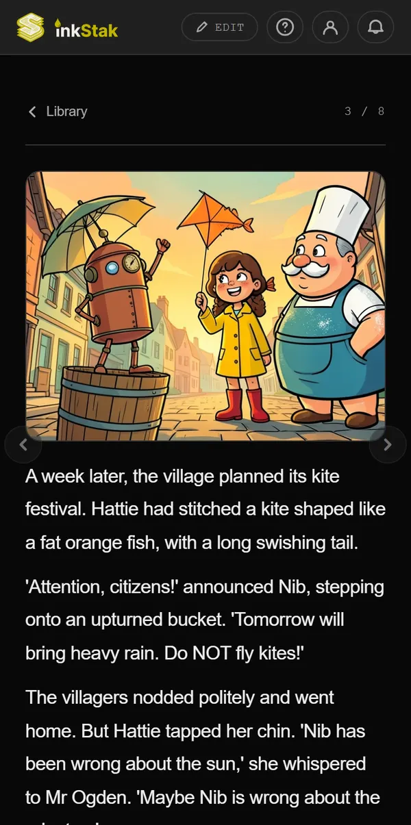 A page of Nib and the Weather That Wasn’t: Nib, Hattie and the baker at the kite festival, in Retro Cartoon