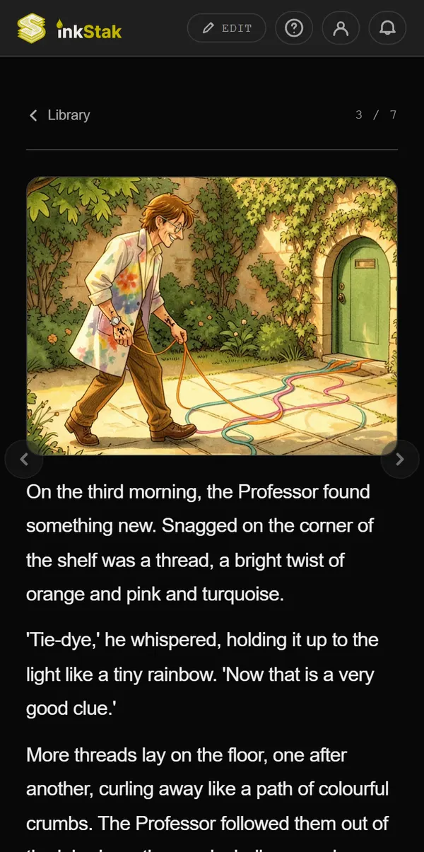 A page of The Professor and the Vanishing Notebooks: the Professor follows a trail of coloured thread, in Storybook
