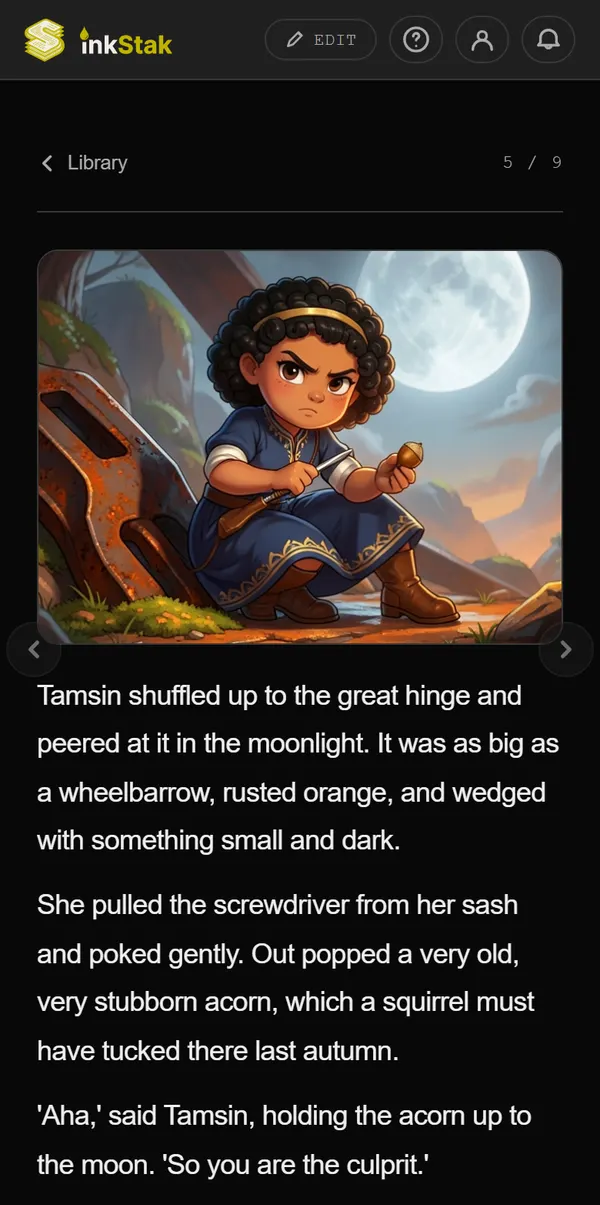 A page of Princess Tamsin and the Stuck Drawbridge: Tamsin at the great hinge in the moonlight, in Ghibli-Inspired