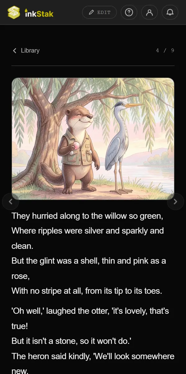 A page of Tully and the Stone That Goes All the Way Round: Tully and a heron by the willow, in Dreamy Pastel