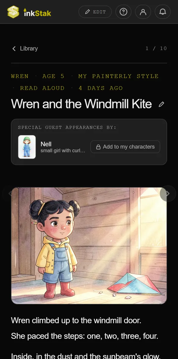 The InkStak reader on a phone: page 1 of Wren and the Windmill Kite, with Wren in a yellow raincoat beside a torn kite