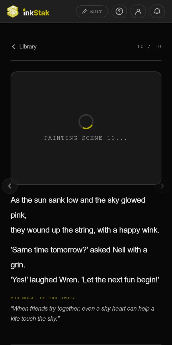 The last page of Wren and the Windmill Kite: Wren and Nell fly the kite at sunset, then the moral