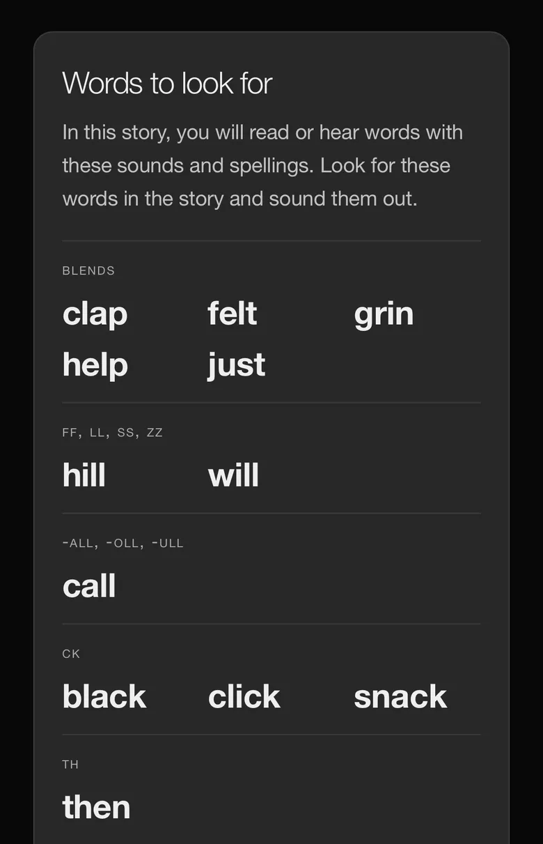 The Words to look for page at the start of a Kid Reads story