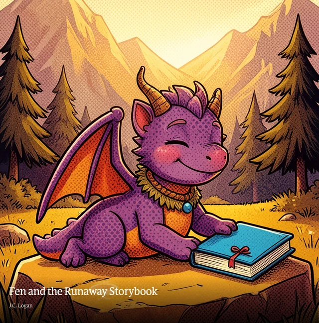 Front cover: Fen, a purple dragon, resting a claw on a blue storybook on a mountain hillside