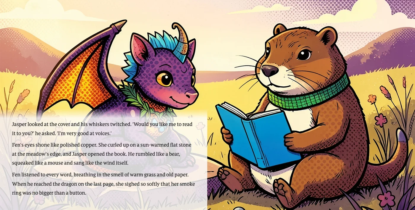 A two-page spread from the KDP interior of Fen and the Runaway Storybook: the picture fills both pages with the words on it