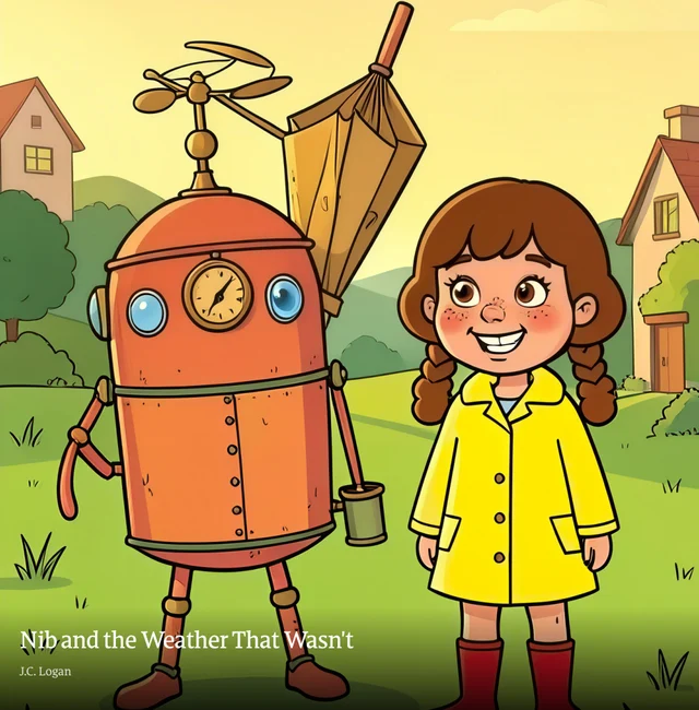 Front cover: Nib, a copper robot with a dial for a face, beside a girl in a yellow raincoat