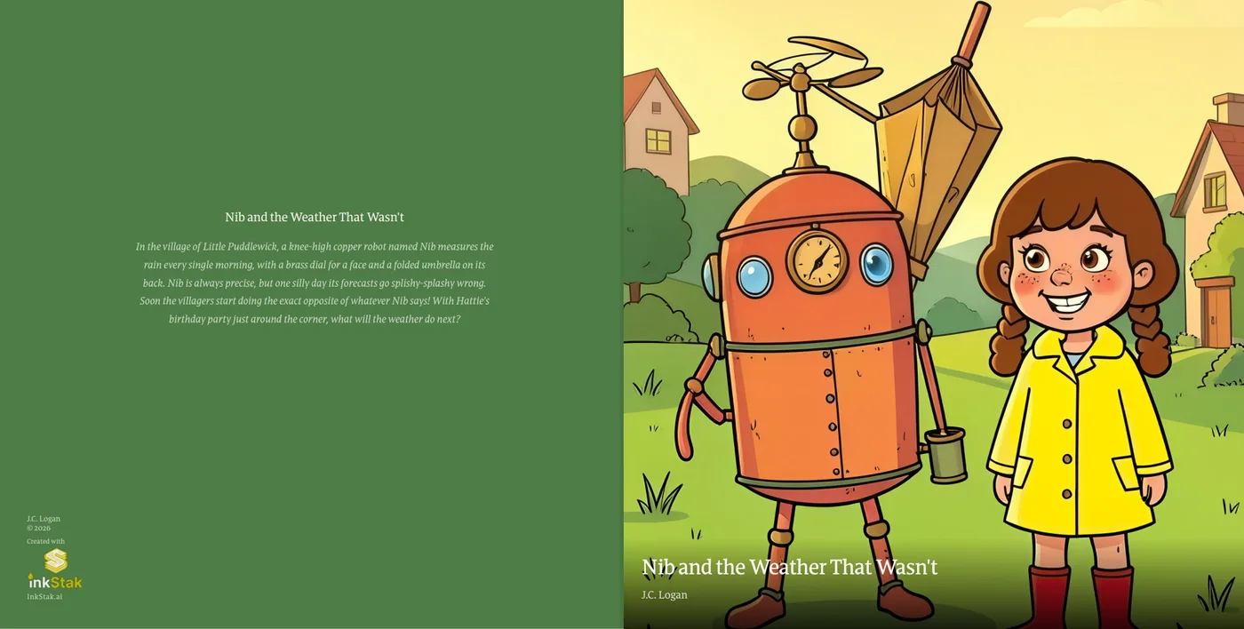 The wraparound KDP cover of Nib and the Weather That Wasn’t: the back cover with its blurb, the spine and the front cover