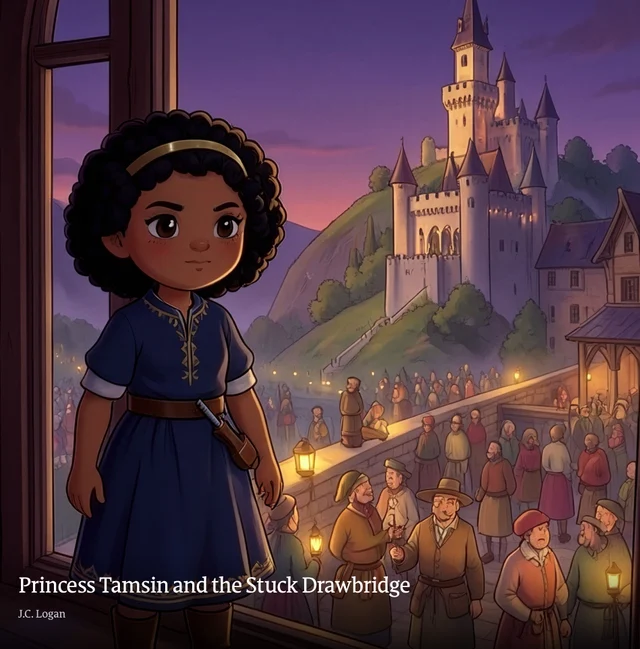 Front cover: Princess Tamsin in a blue dress at a window, a castle and a crowd of villagers behind her at dusk