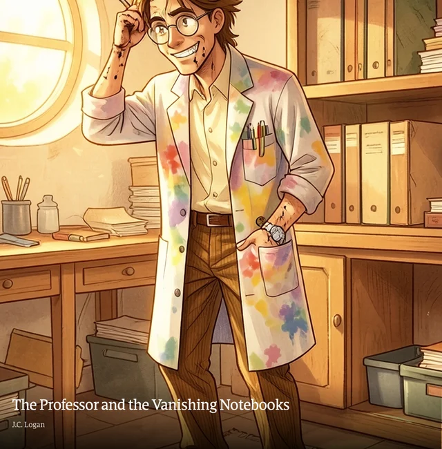 Front cover: the Professor, in a paint-splashed lab coat, in a study lined with shelves of files