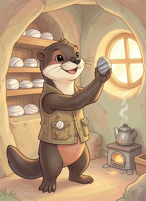 Cover: Tully the otter holding up a striped stone in his round-windowed home