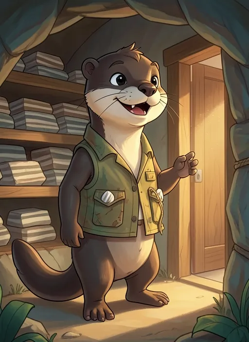 Cover: Tully the otter at the door of a room lined with shelves