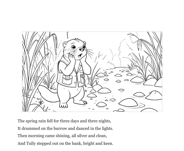 A coloring page from Tully and the Stone That Goes All the Way Round: the picture redrawn as black outlines on white