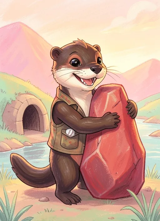 Cover: Tully the otter hugging a big red rock by a pink-hilled river