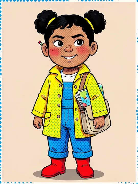Wren, a girl in a yellow raincoat and red boots, drawn in comic-book Ben-Day dots