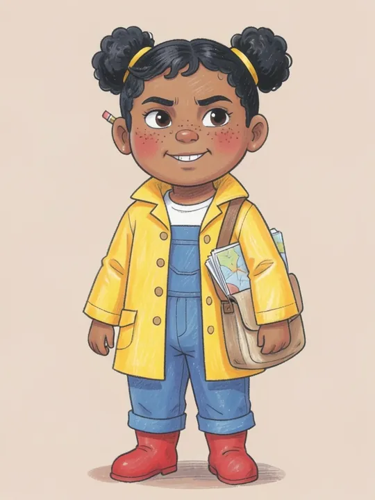 Wren, a girl in a yellow raincoat and red boots, drawn in dreamy pastels