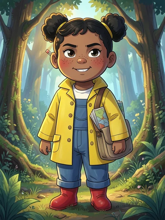 Wren, a girl in a yellow raincoat and red boots, drawn in a lush, painterly forest scene