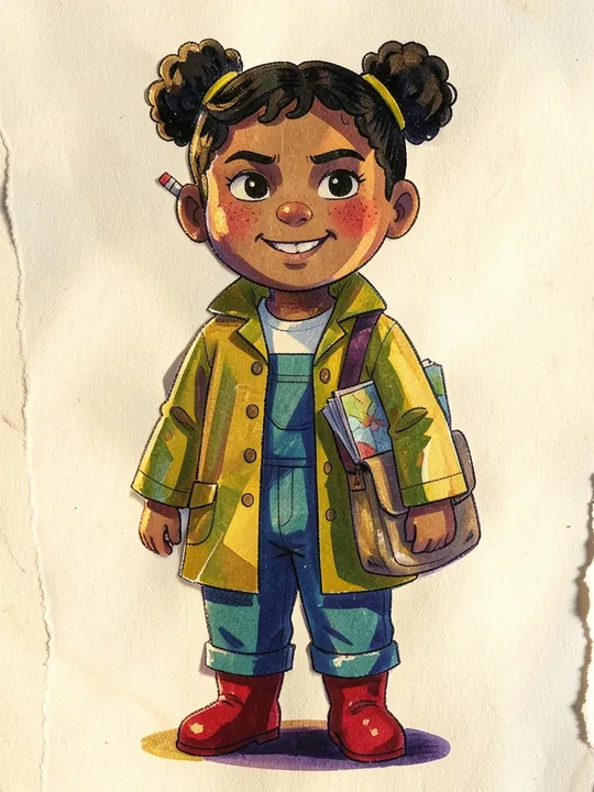 Wren, a girl in a yellow raincoat and red boots, drawn as a paper collage in jewel tones