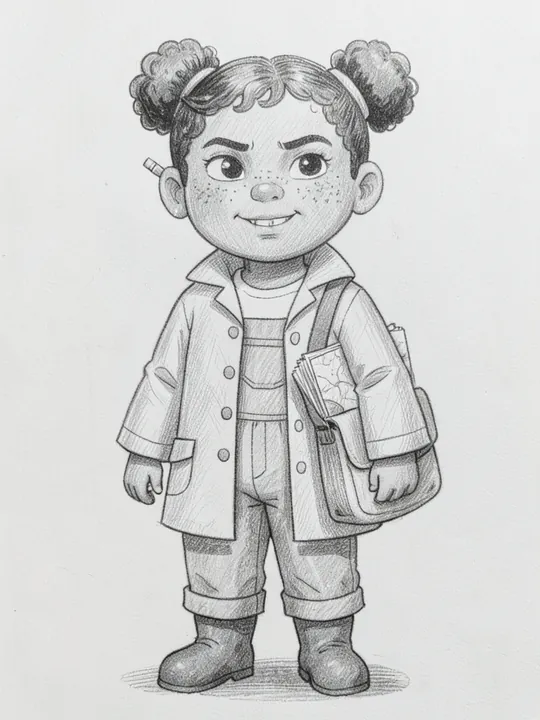 Wren, a girl in a yellow raincoat and red boots, drawn as a pencil sketch