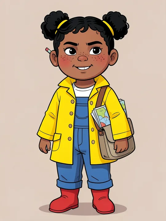 Wren, a girl in a yellow raincoat and red boots, drawn as a retro cartoon