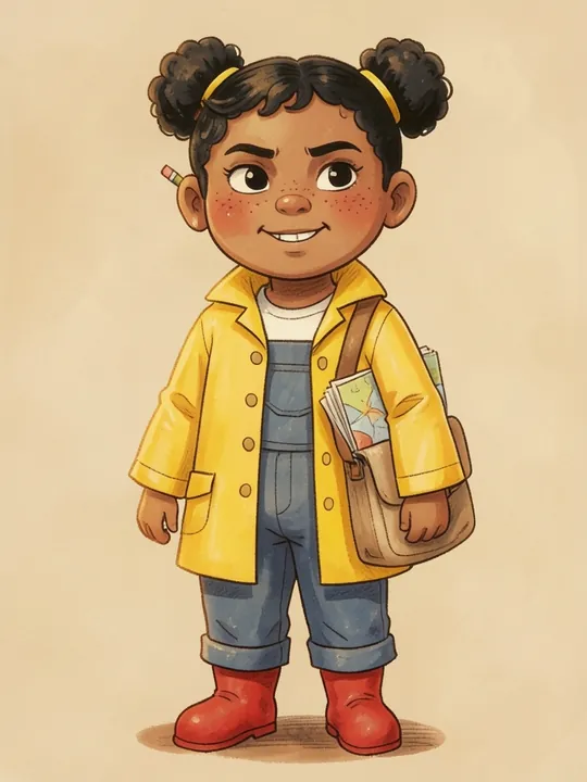 Wren, a small girl in a yellow raincoat and red boots with two black puffs of hair, drawn in the Storybook style