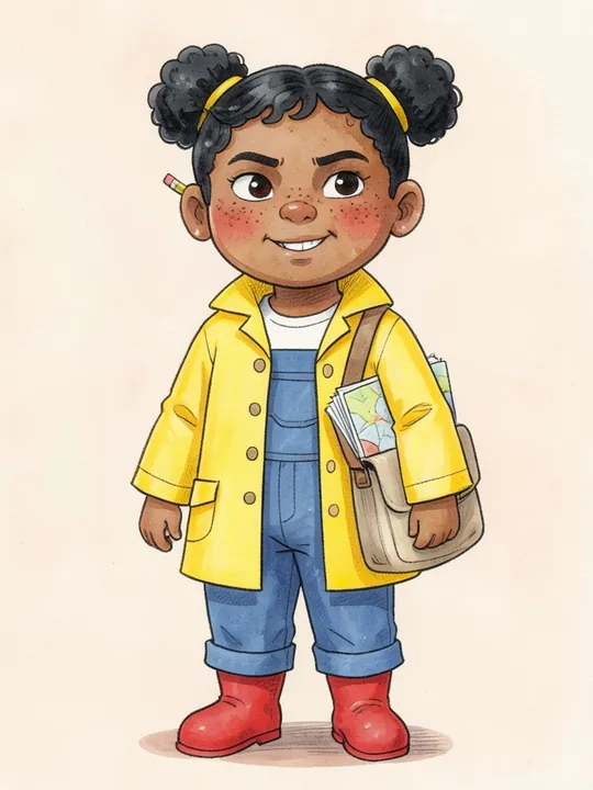 Wren, a girl in a yellow raincoat and red boots, drawn in watercolour