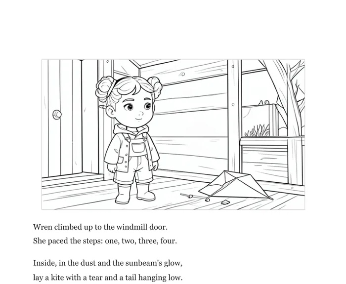 Colouring page: Wren at the windmill door, as black outlines on white