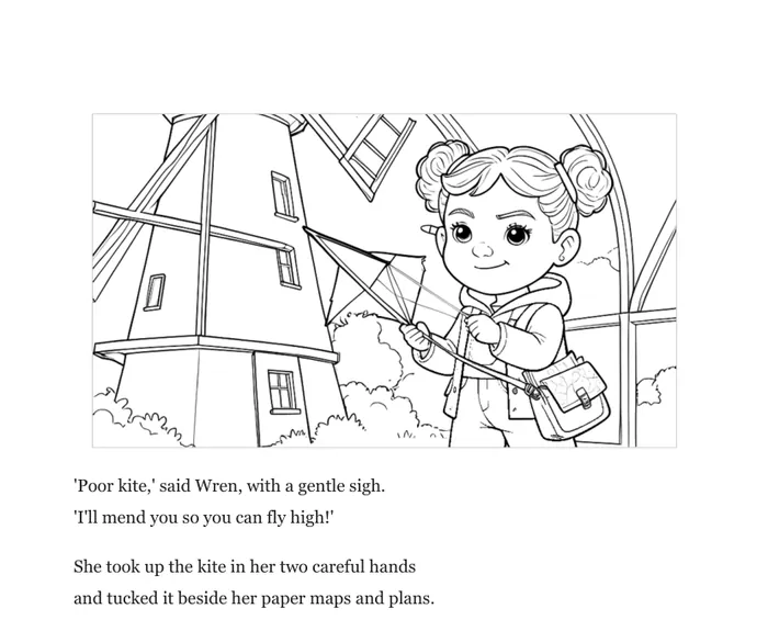 Colouring page: Wren holding the kite beside the windmill, as black outlines on white