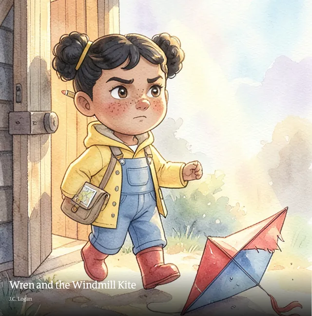 Front cover: Wren, a small girl in a yellow raincoat and red boots, walks out of a windmill past a torn red and blue kite