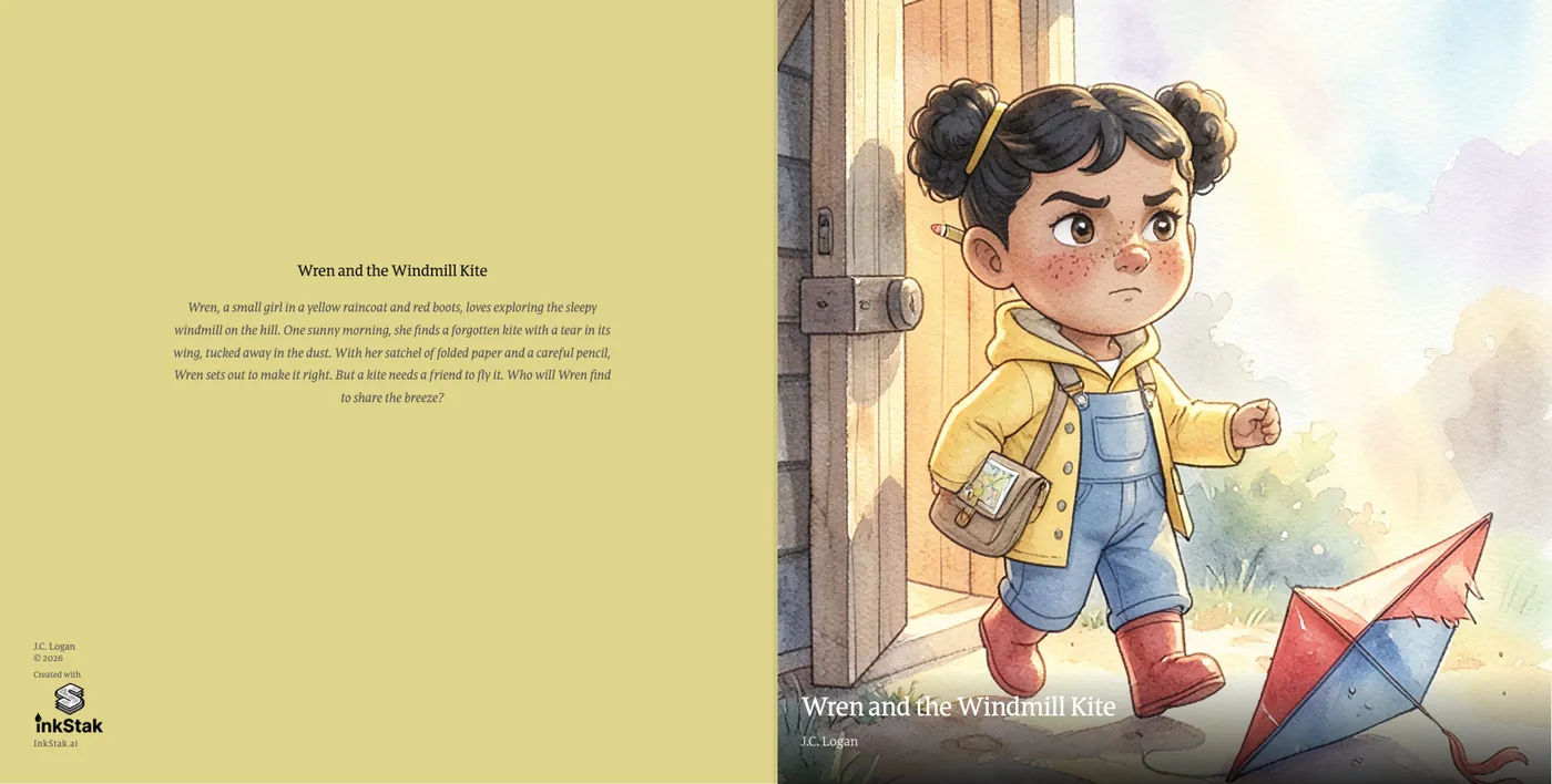 The wraparound KDP cover: a yellow back cover with the blurb, and the front cover with Wren and the torn kite