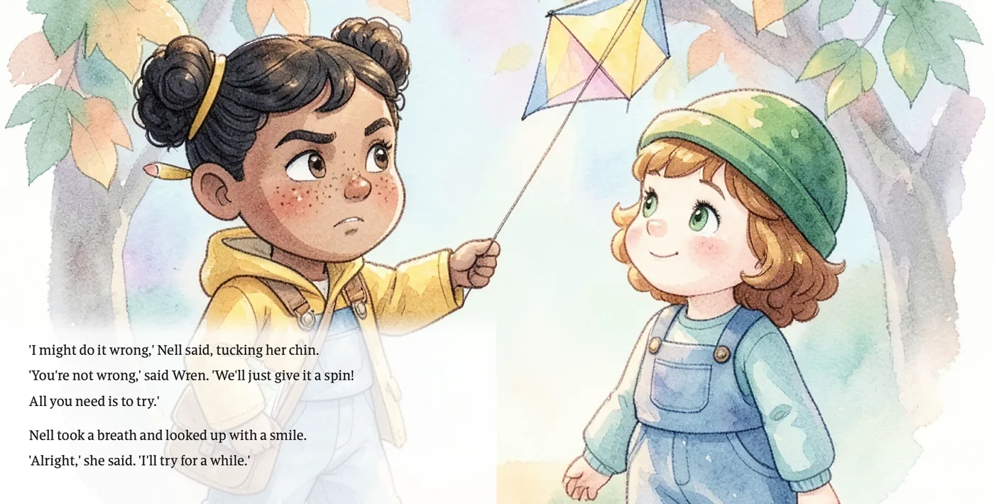 Pages 14 and 15: Wren holds out the kite string to Nell, who wears a green hat, beside the verse where Nell says she might do it wrong