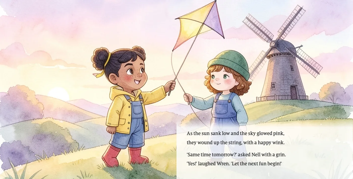 Pages 22 and 23: Wren and Nell fly the kite beside the windmill at sunset
