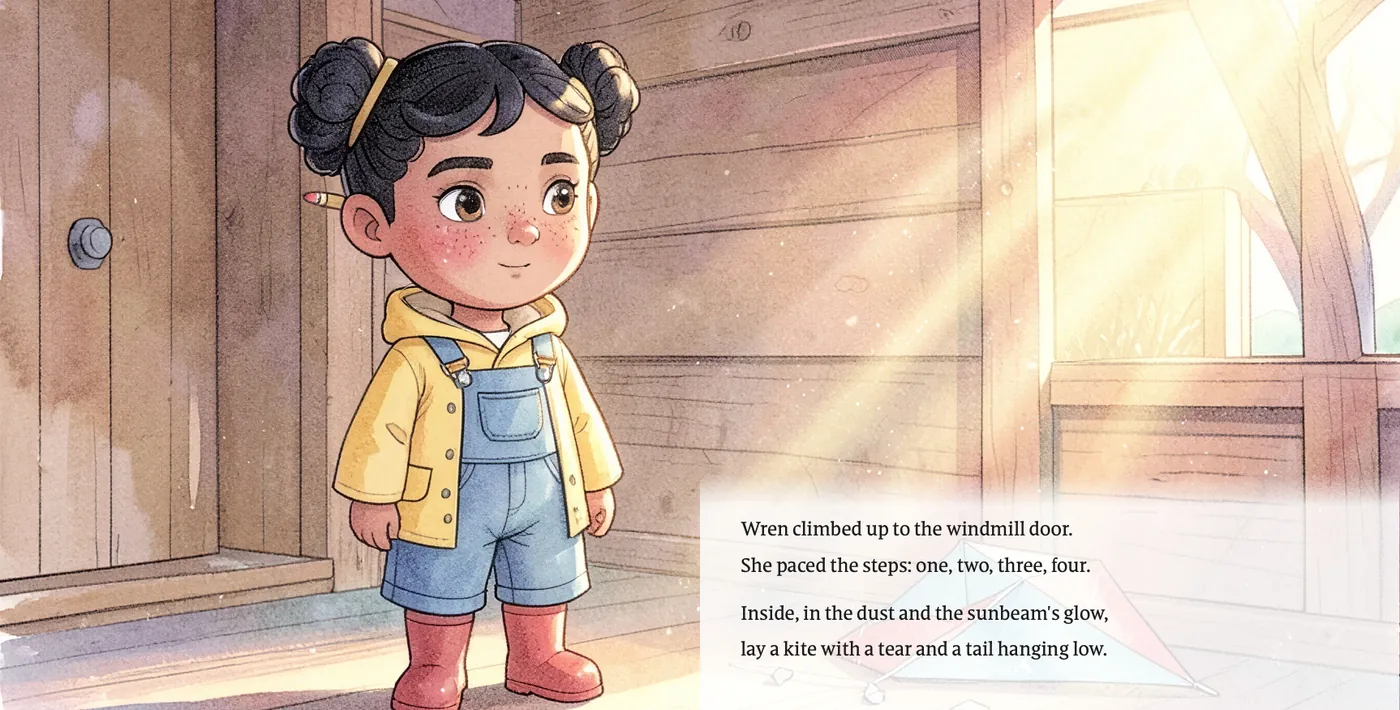 Pages 4 and 5: Wren at the windmill door on the left, a sunbeam and the first verse on the right